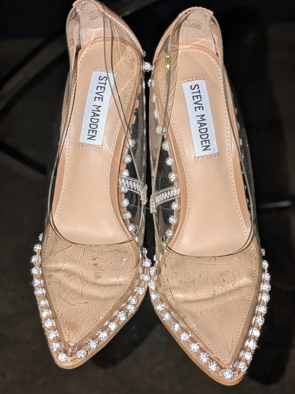 Steve Madden Nude Clear Pointed Toe Pumps with Crystal Trim - Picture 13 of 14